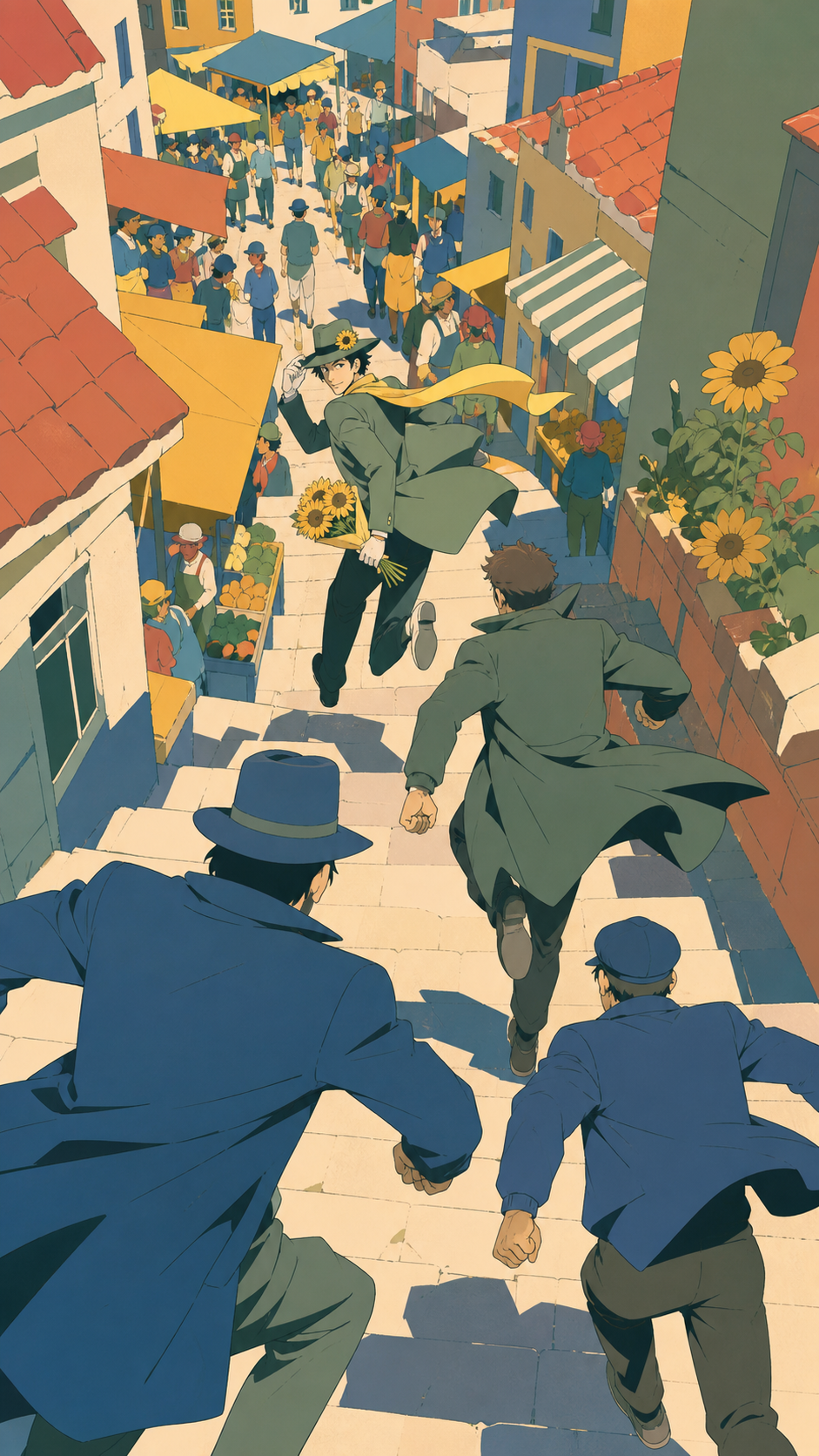 Detectives chasing a polite thief through a crowded morning market, during bright daytime with the city functioning normally around them. High-angle route view following movement through intersecting streets. Clay red, s