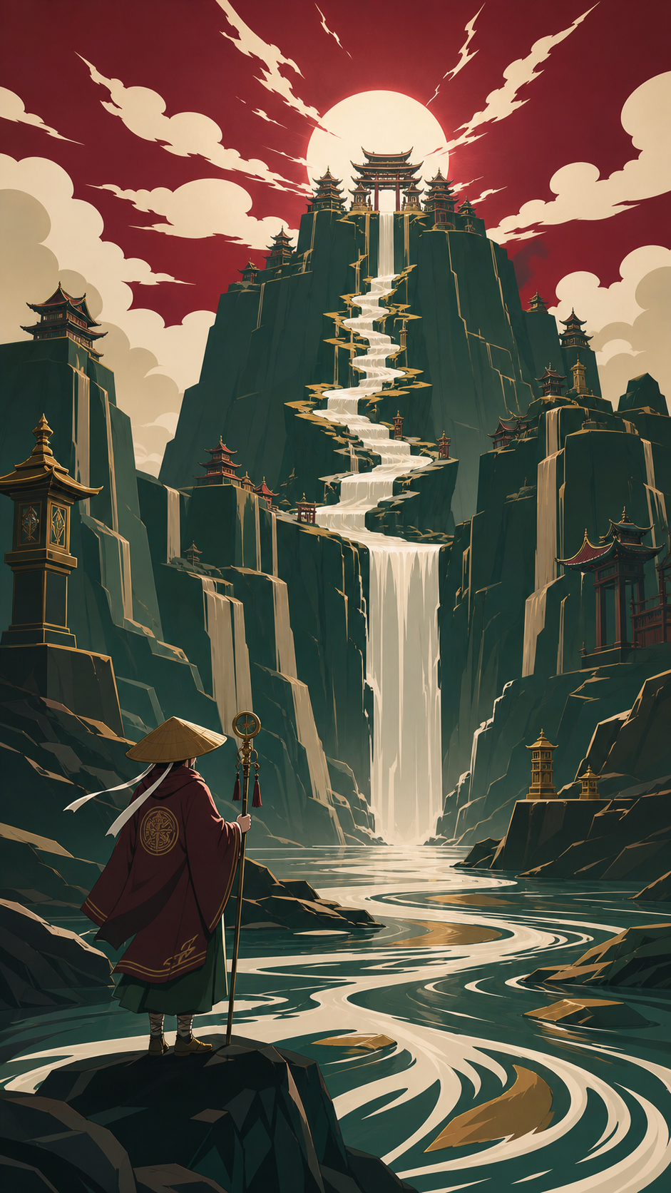 A shrine keeper following a river that briefly flows upward, at the moment the travelers first see the place they sought. Epic wide landscape with the waterfall forming a strong vertical anchor. Burgundy, midnight green,