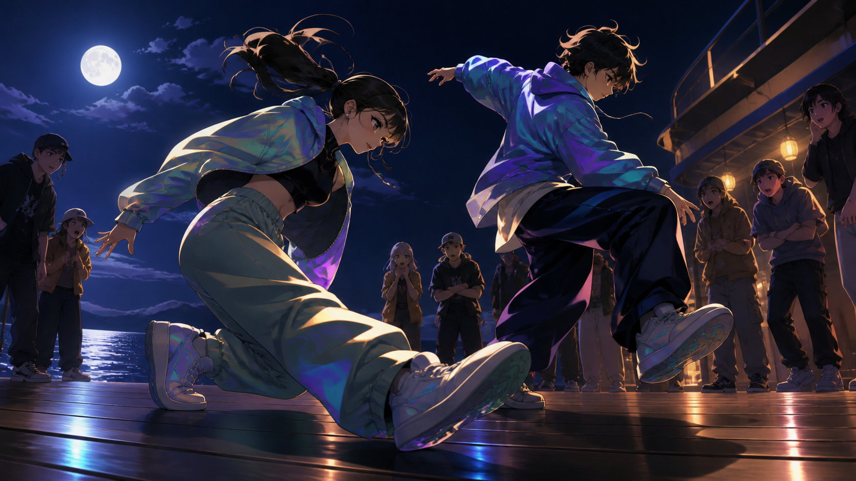 Siblings performing a synchronized routine on a seaside boardwalk, as the surrounding circle reacts to an unexpected move. Low side angle focused on footwork and opposing movement lines. Moonlit indigo, oxidized copper, 