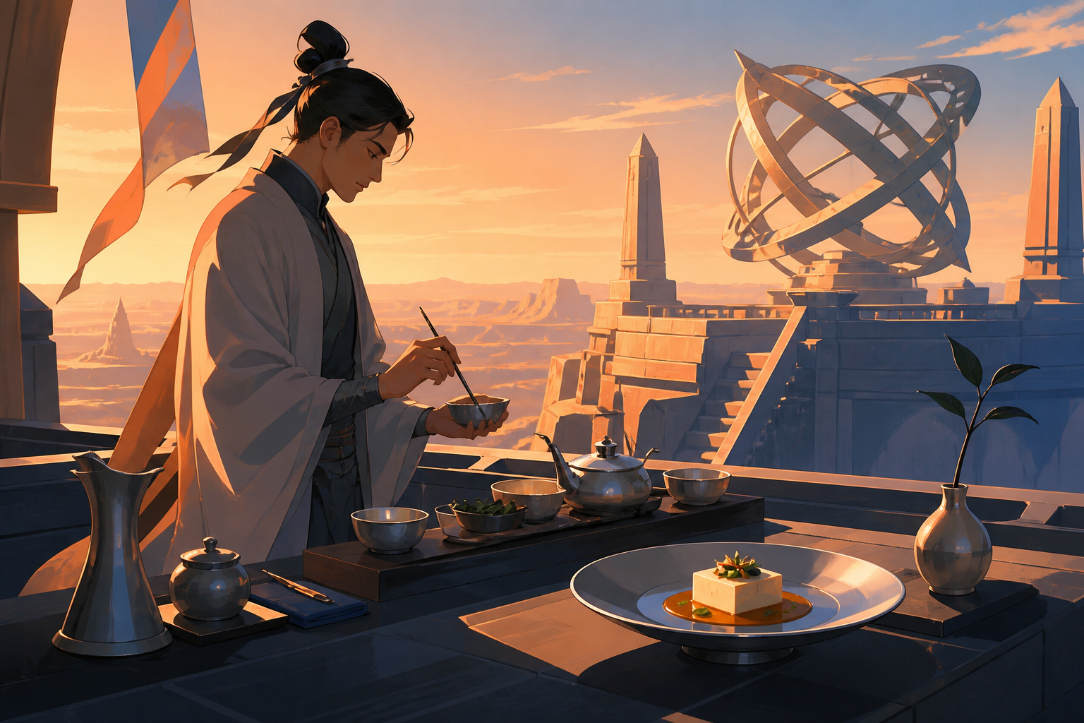 A traveling tea master setting a table at the edge of an ancient observatory, shown through the rhythm of preparation and service. Counter-side view with the cook and one memorable dish as dual focal points. Sun-bleached