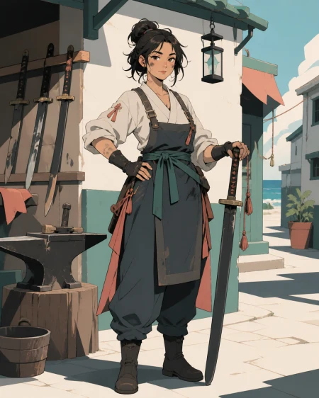 An adult woman swordsmith with soot-streaked cheeks and a calm gaze, surrounded by a few objects that quietly reveal their history. Confident full-body editorial portrait with a st