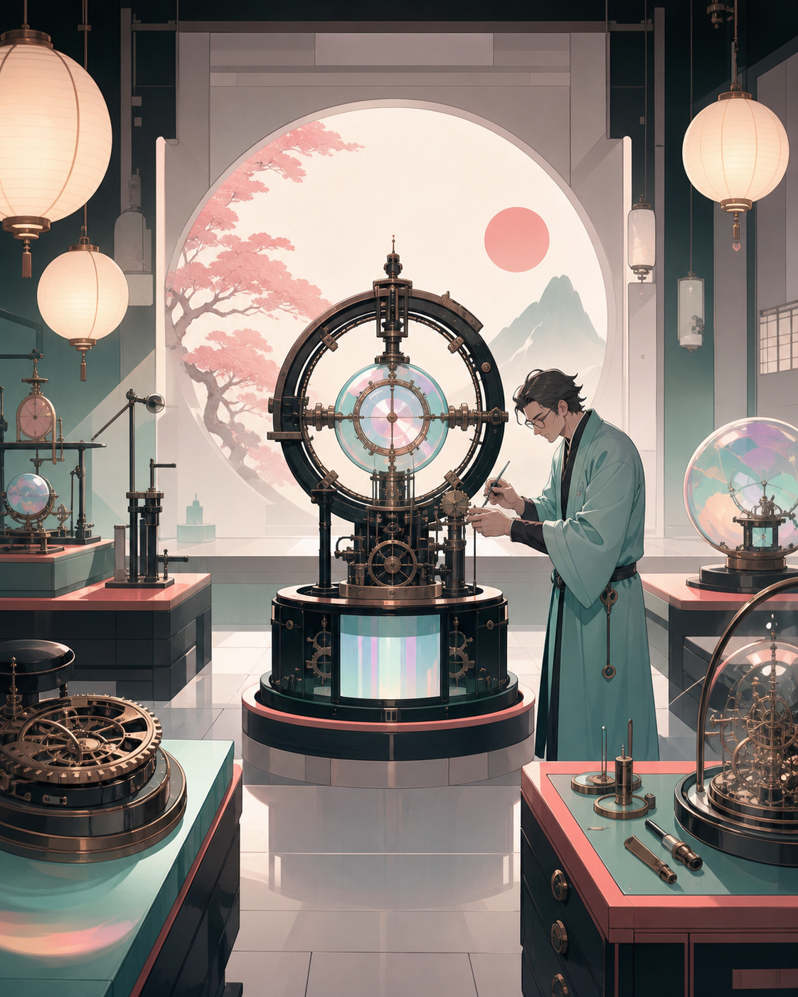 An adult clockmaker assembling a device that creates one extra minute per day, during a focused test with one clearly measurable outcome. Lab-wide view organized around the active prototype. Celadon, coral pink, ink blac