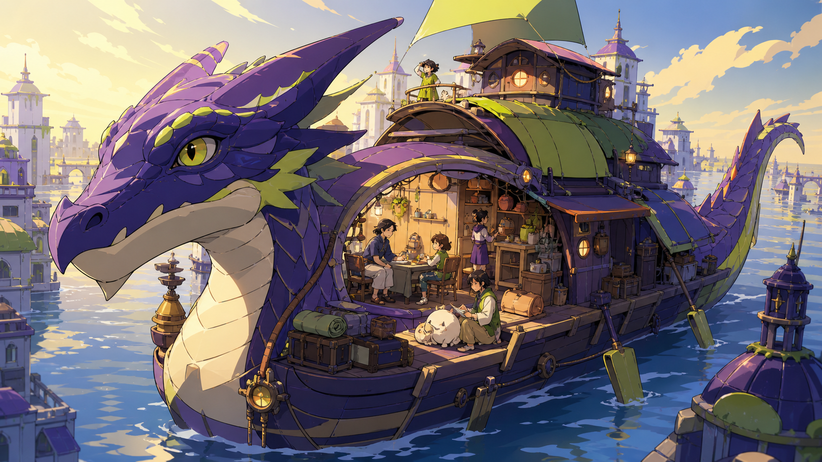 A dragon-shaped riverboat transporting travelers through a flooded kingdom, mid-journey with passengers revealing how the vehicle is actually lived in. Wide travel-poster composition without typography, emphasizing desti