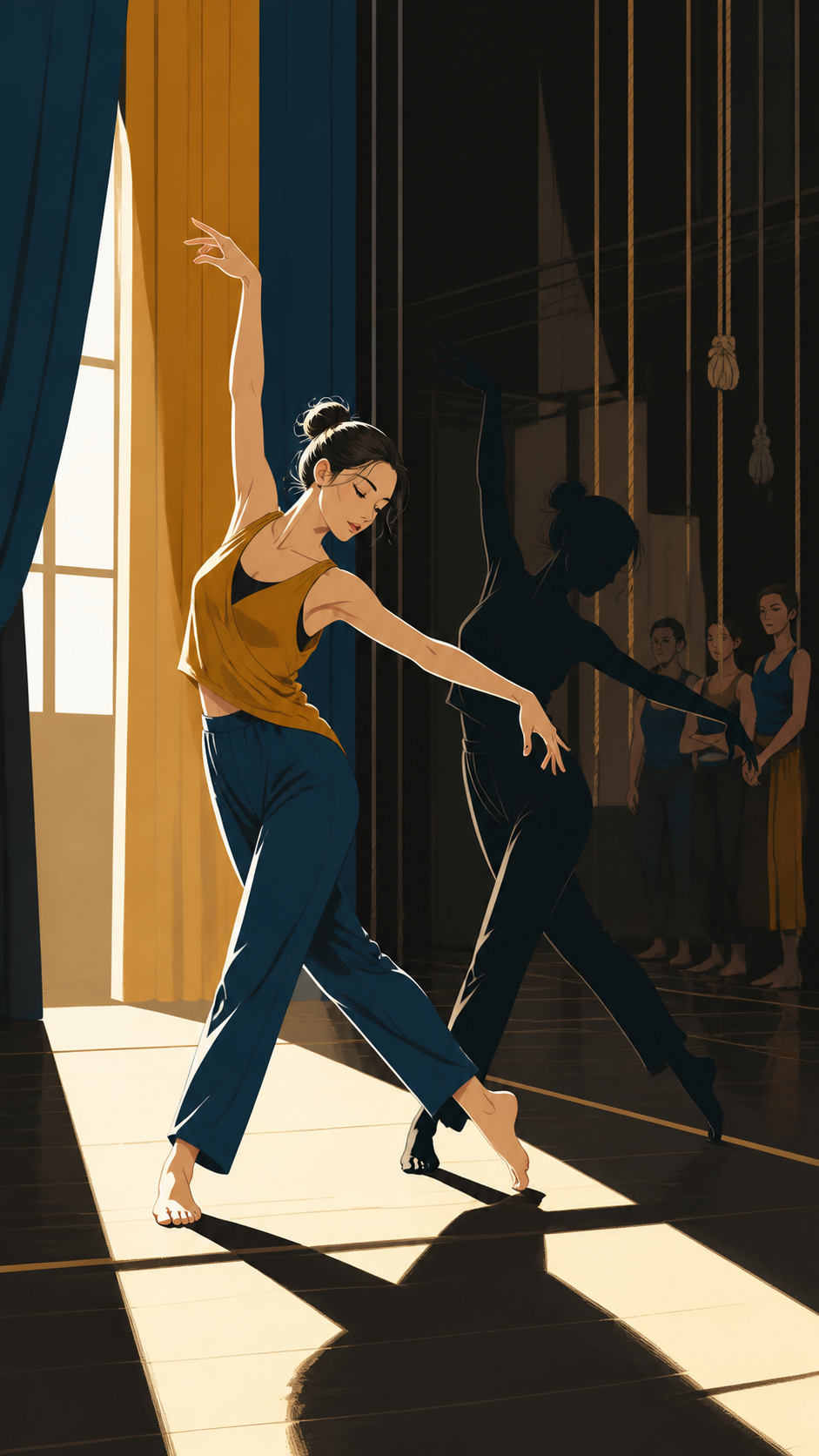 An adult contemporary dancer rehearsing with a shadow that learns the choreography late, during rehearsal with visible stagecraft adding to the charm. Close audience-level frame with one dancer crossing a strong pool of 