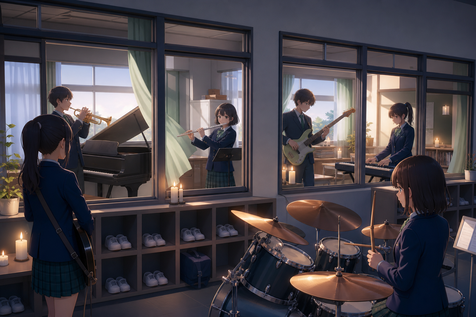A school band rehearsing in separate rooms connected by open windows, on the morning of a school festival before visitors arrive. Ensemble frame with each student's role readable at a glance. Moonlit indigo, oxidized cop