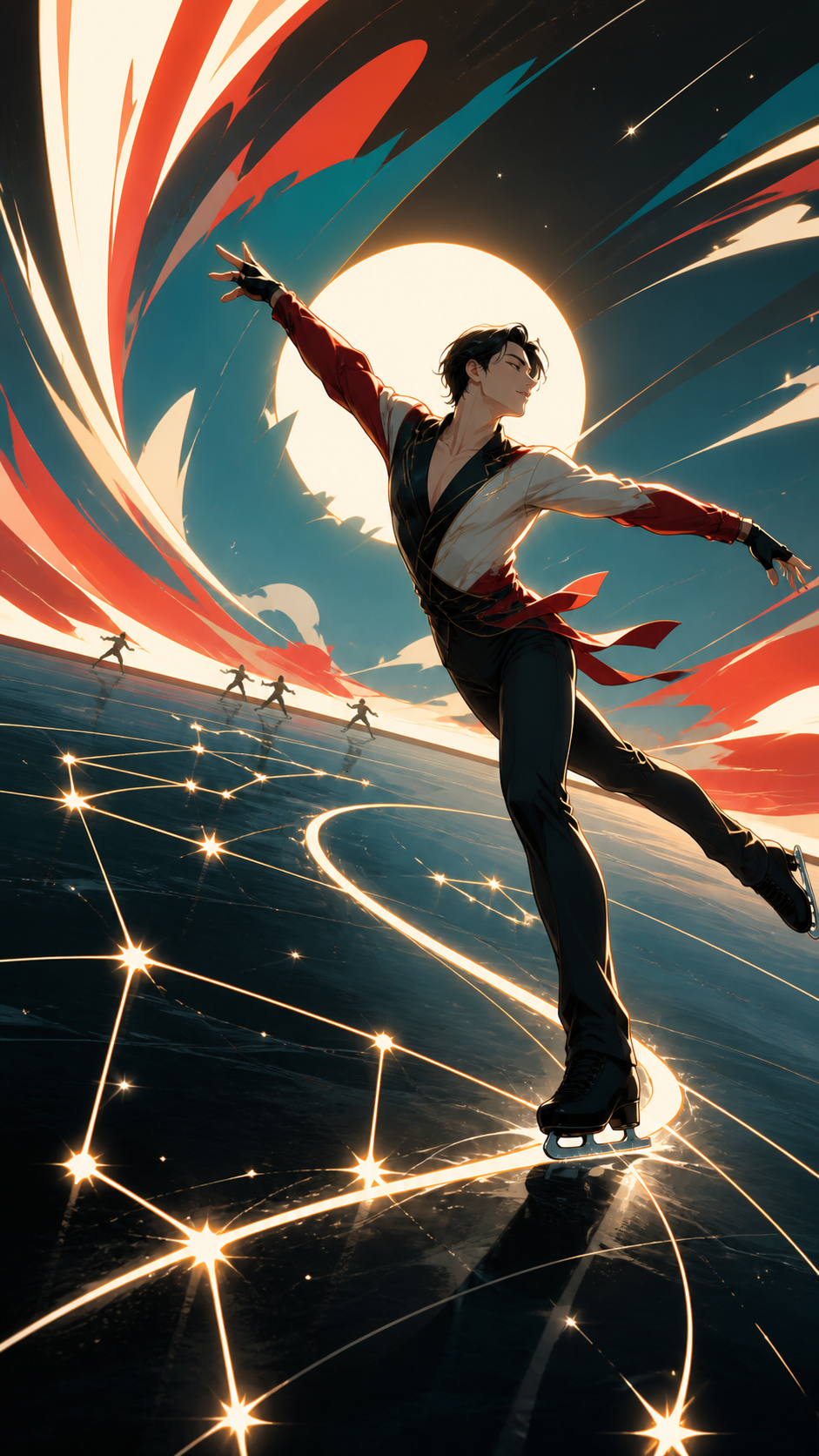 An adult figure skater tracing luminous constellations across black ice, shown as disciplined athletic movement rather than combat spectacle. Long-lens frame compressing competitors and terrain into layered motion. Vermi