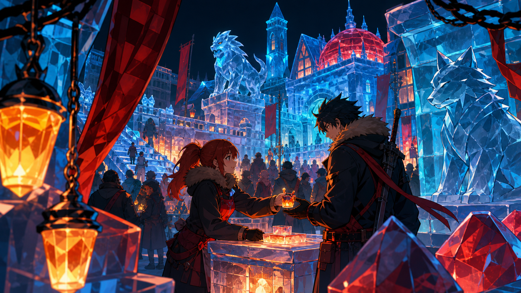A winter night market carved entirely from colored ice, shown at its busiest while one quiet interaction anchors the scene. Layered festival tableau framed by decorations close to the viewer. Petrol blue, oxide red, indu