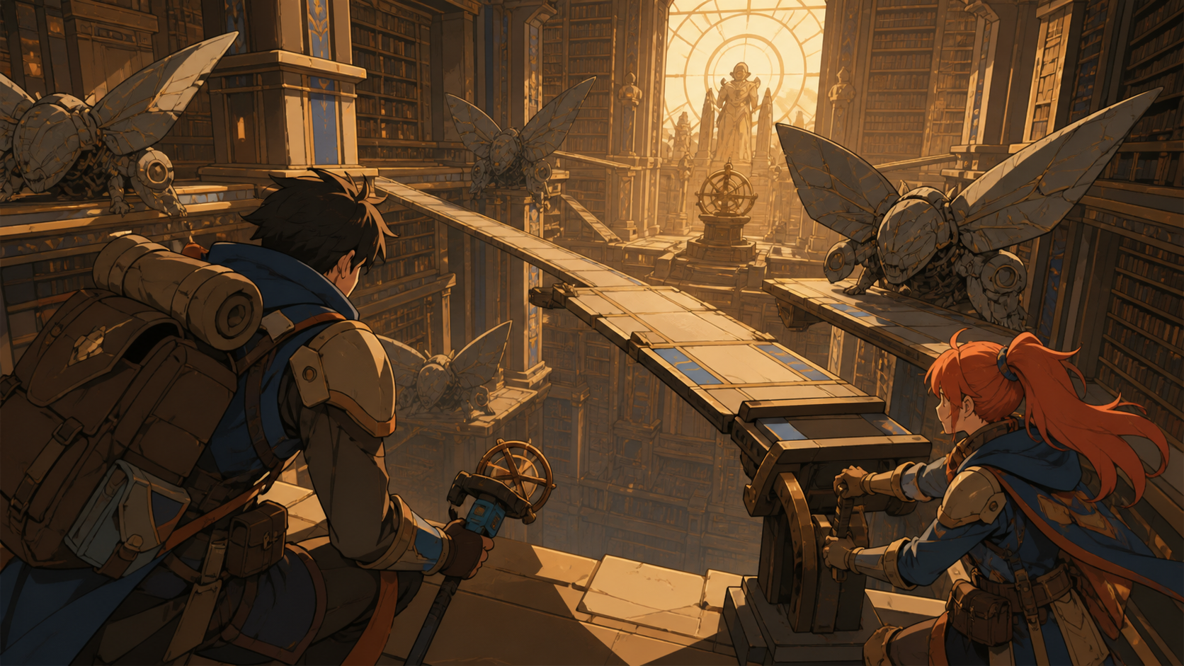 Two treasure hunters navigating a library patrolled by stone moths, solving an environmental obstacle through teamwork rather than combat. Over-the-shoulder discovery frame revealing a large navigable space. Amber, walnu