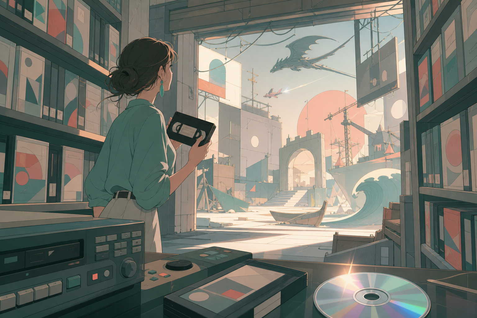 A video rental shop whose back room opens into unfinished movie worlds, at the exact moment an old recording reveals an unexpected connection. Cinematic view through shelves toward a surprising opening in the back. Sea-g