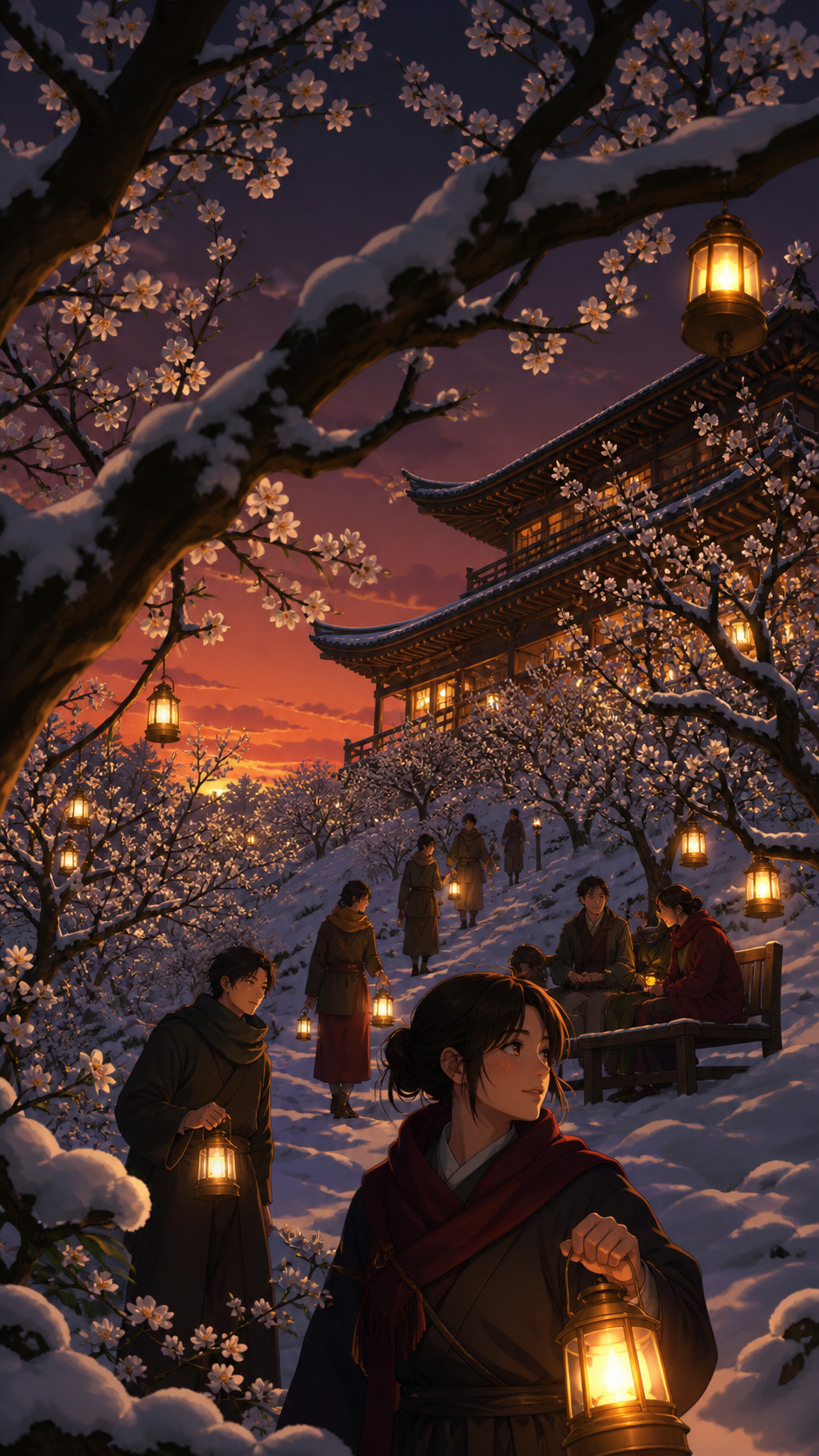 A snow-covered orchard where warm lanterns guide evening workers, during a gentle public holiday filled with small social moments. Low upward view using branches to frame people and architecture. Burgundy, midnight green