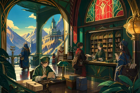 A mountain postal station serving travelers from several impossible centuries, during ordinary work rather than a royal ceremony or battlefield. Wide narrative composition with per