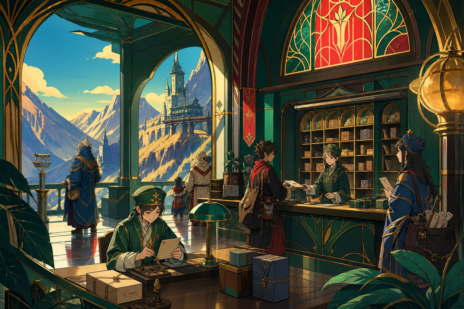 A mountain postal station serving travelers from several impossible centuries, during ordinary work rather than a royal ceremony or battlefield. Wide narrative composition with period architecture guiding the eye. Emeral
