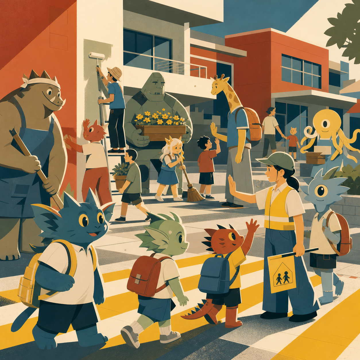 Monster children starting their first day at a human school, during a neighborhood project involving every kind of resident. Wide neighborhood ensemble with multiple species sharing one activity. Clay red, sage, faded de