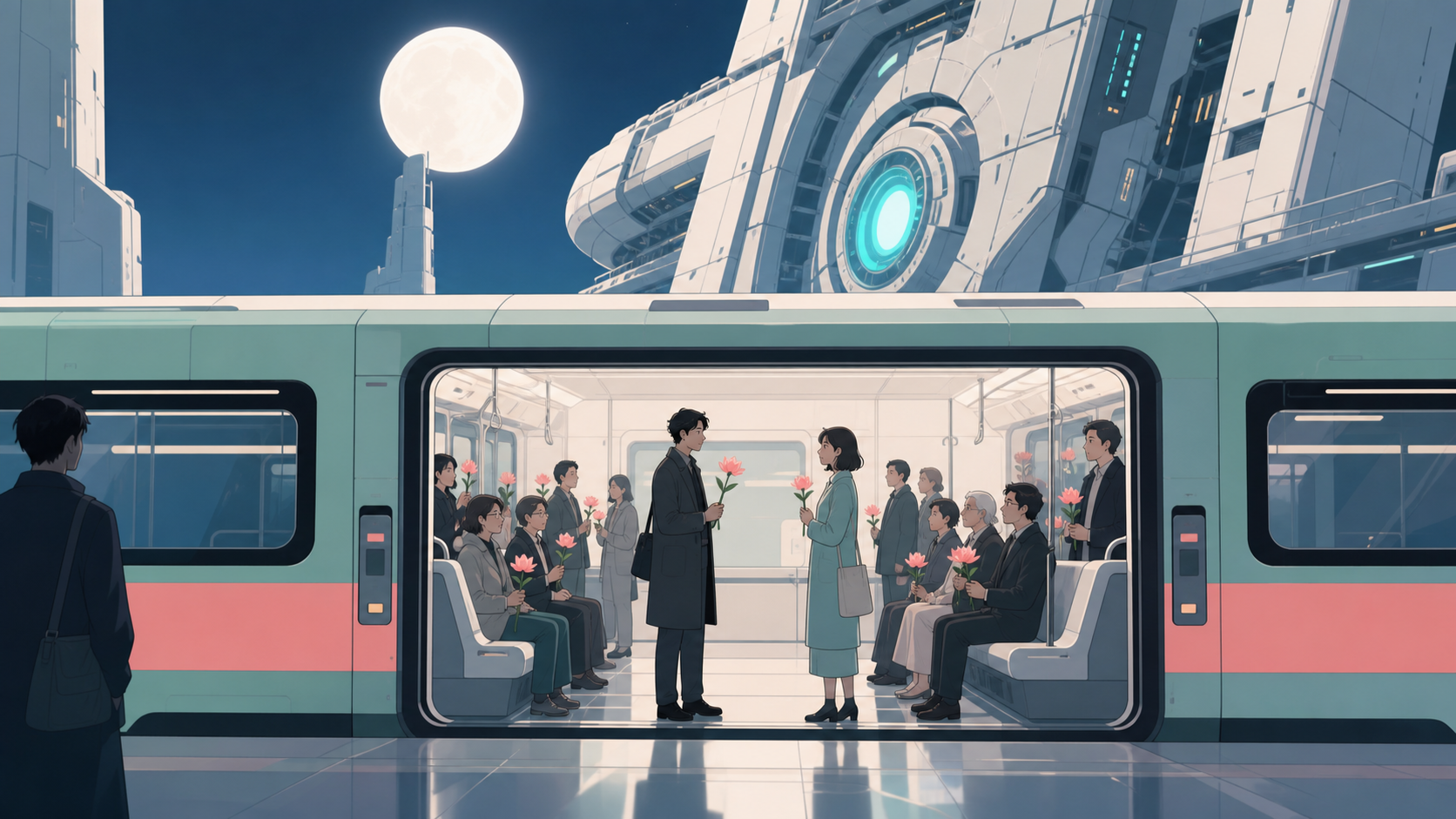 Two adult commuters realizing every passenger has brought the same flower, when one shared observation changes the atmosphere among the passengers. Platform view framing an intimate moment through open vehicle doors. Cel