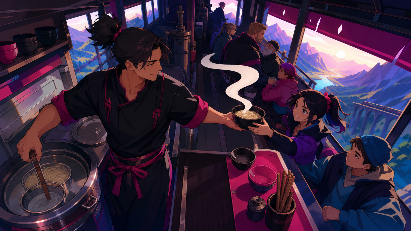 An adult noodle chef serving commuters aboard a narrow mountain railway, during the brief calm immediately before hungry customers arrive. Overhead-leaning composition organized by hands, bowls, and serving rhythm. Satur