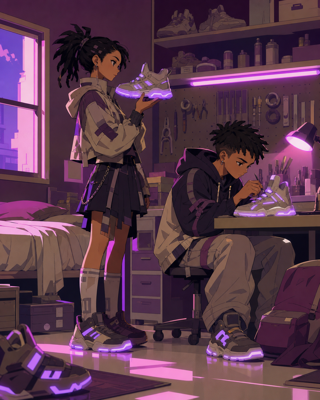 Siblings customizing luminous sneakers in a compact bedroom studio, at a bold editorial moment grounded by natural human expression. Full-body fashion narrative with environment supporting the outfit. Mulberry, tea brown