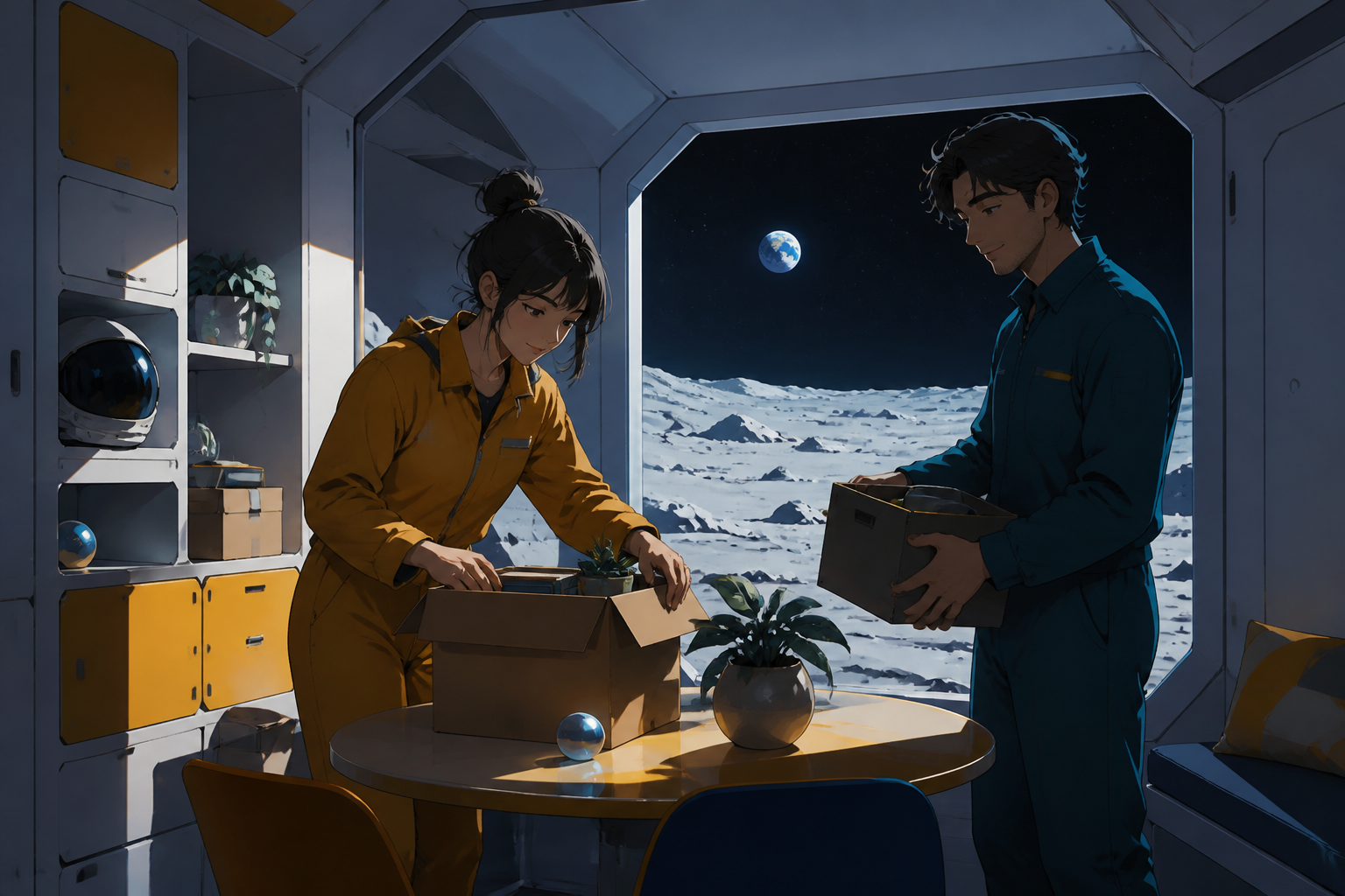 An adult couple moving household belongings into a tiny apartment on the moon, at the peaceful end of a long work shift. Intimate table-level composition anchored by a shared everyday task. Saffron, peacock blue, dark um