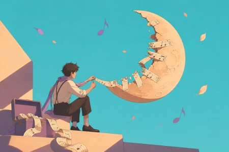 A musician repairing a broken moon with strips of melody, expressing one emotion through a single concrete visual idea. Wide quiet frame with meaningful negative space. Apricot, or