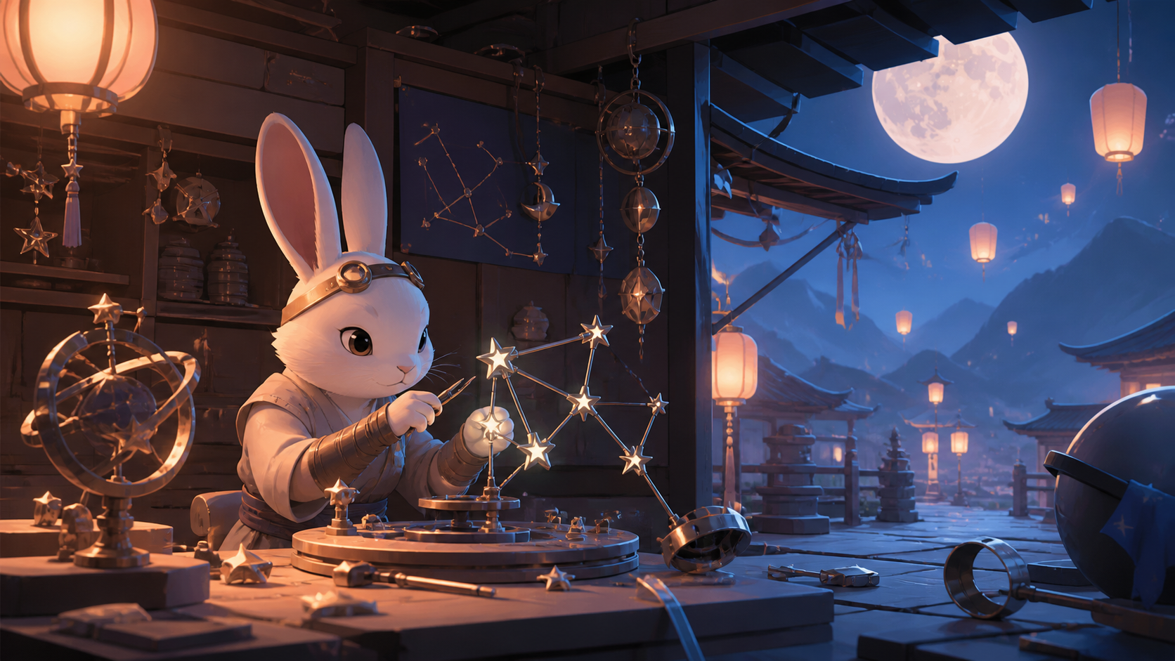 A moon rabbit operating a roadside repair shop for broken constellations, during a quiet festival after all human visitors have gone home. Storybook narrative scene with a clear beginning and implied aftermath. Sun-bleac