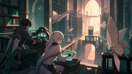Two treasure hunters navigating a library patrolled by stone moths, solving an environmental obstacle through teamwork rather than combat. Over-the-shoulder discovery frame reveali