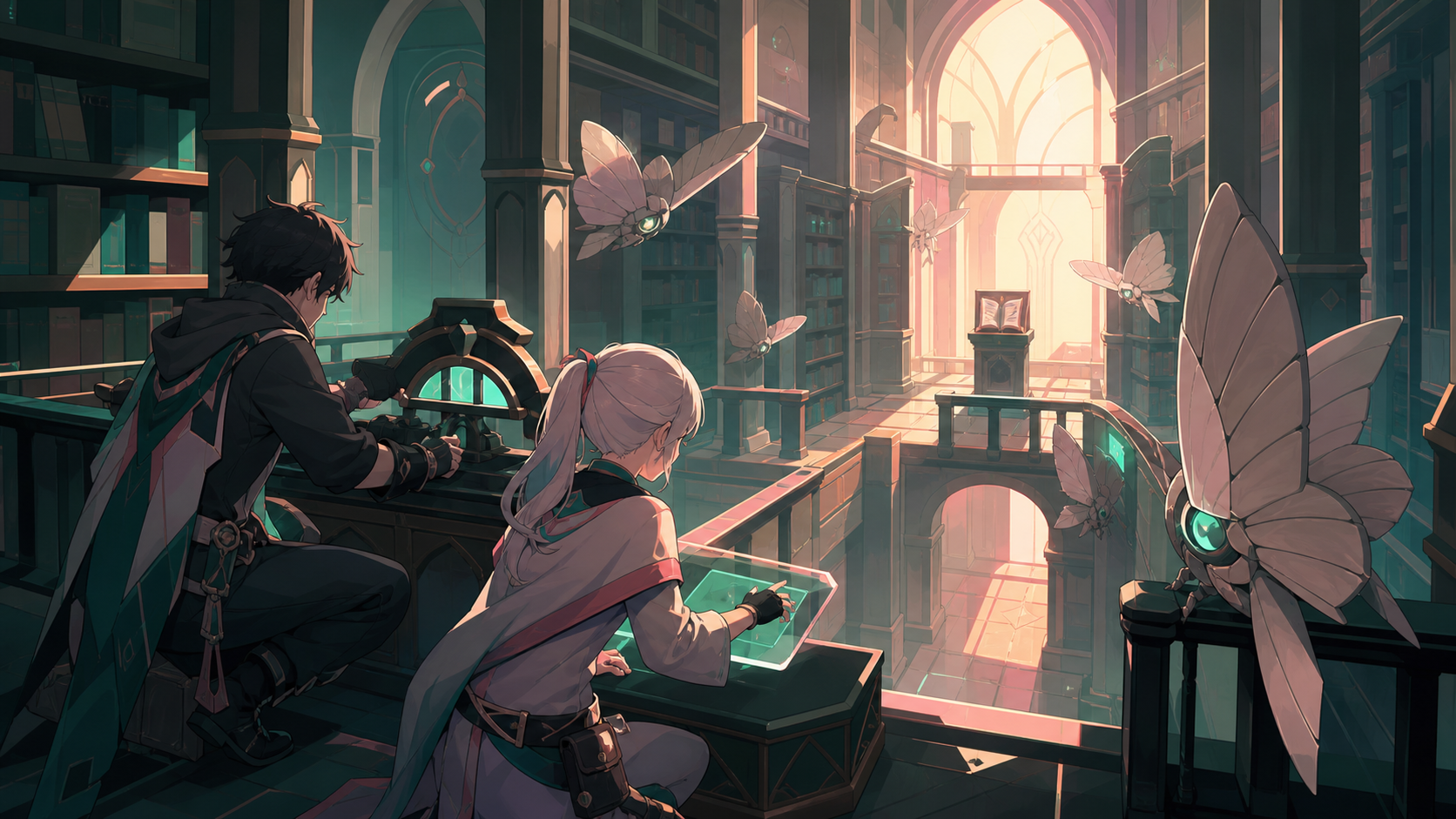 Two treasure hunters navigating a library patrolled by stone moths, solving an environmental obstacle through teamwork rather than combat. Over-the-shoulder discovery frame revealing a large navigable space. Celadon, cor