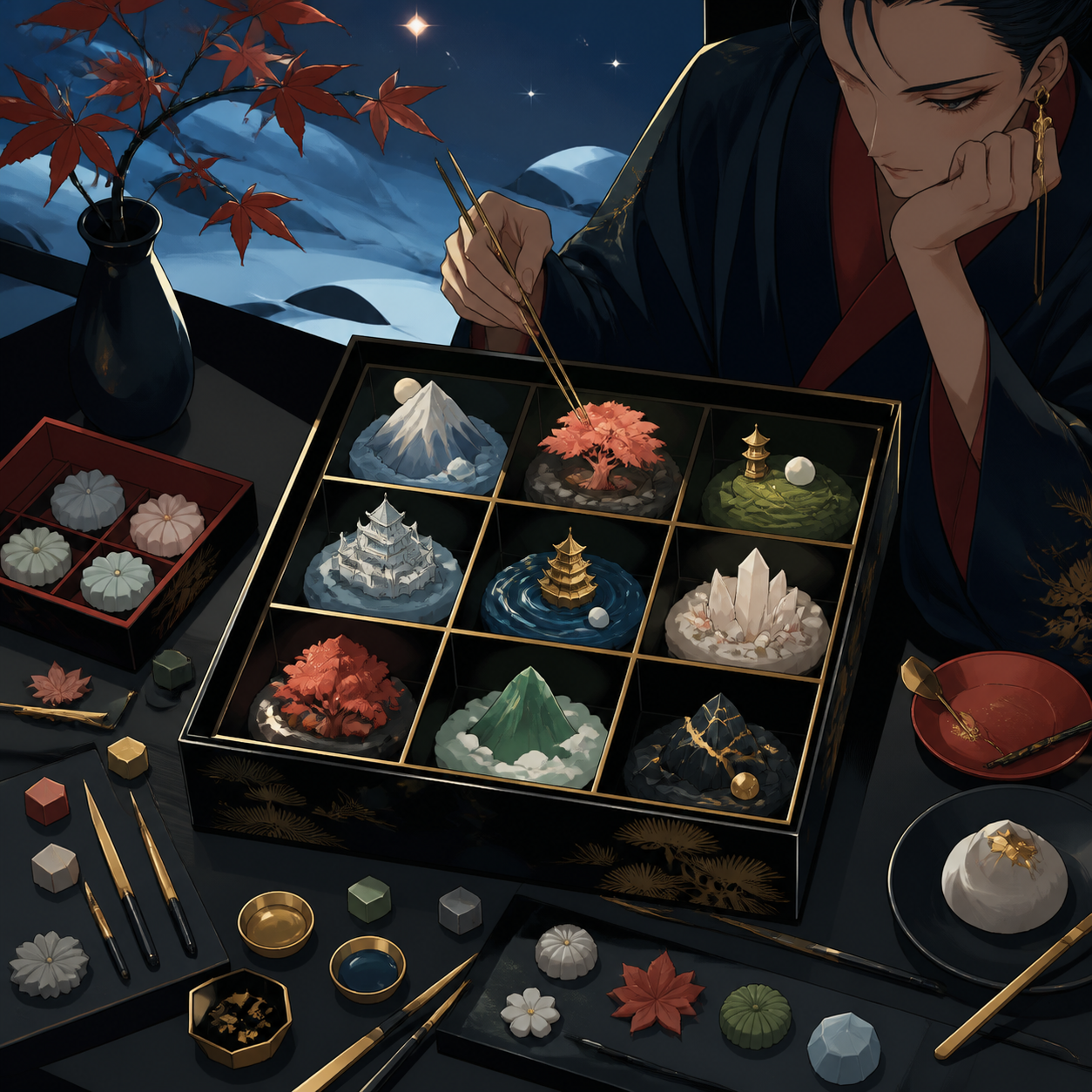 A jewel-like box of seasonal wagashi shaped as miniature fantasy landscapes, surrounded by tiny evidence of the craft used to make it. Carefully composed tabletop still life viewed slightly from above. Pine black, snow b