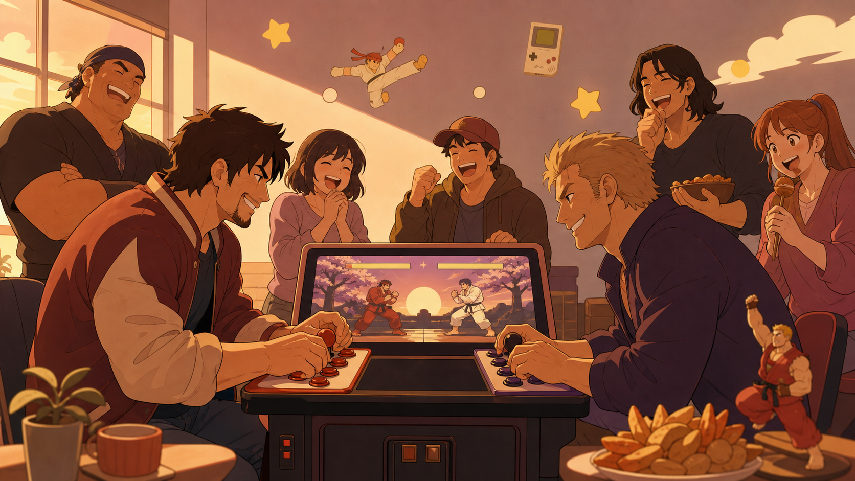 Two rival arcade champions meeting for a friendly rematch after many years, in a relaxed social setting with several connected small moments. Table-level ensemble frame with faces and game equally readable. Muted rose, p