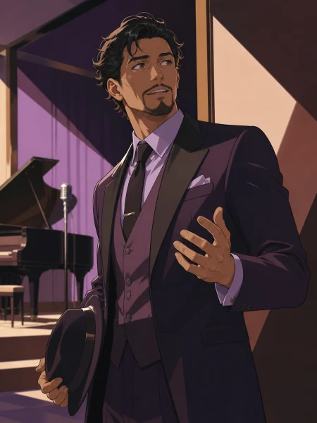 An adult male jazz singer in an immaculate suit after the final set, looking just outside frame as an unexpected visitor arrives. Intimate waist-up portrait with unusual negative s