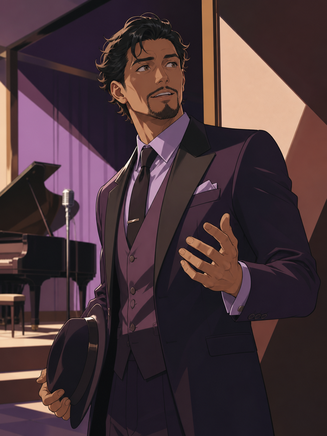 An adult male jazz singer in an immaculate suit after the final set, looking just outside frame as an unexpected visitor arrives. Intimate waist-up portrait with unusual negative space and environmental context. Mulberry