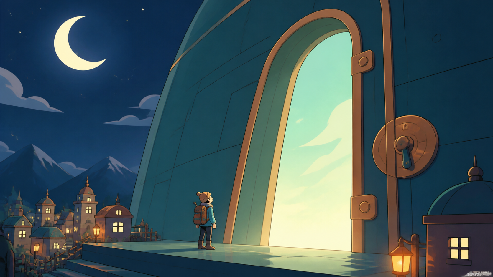 A mountain climber standing beside a doorway the size of the horizon, as newcomers encounter the landmark for the first time. Epic wide frame contrasting tiny civilization with one giant object. Moonlit indigo, oxidized 