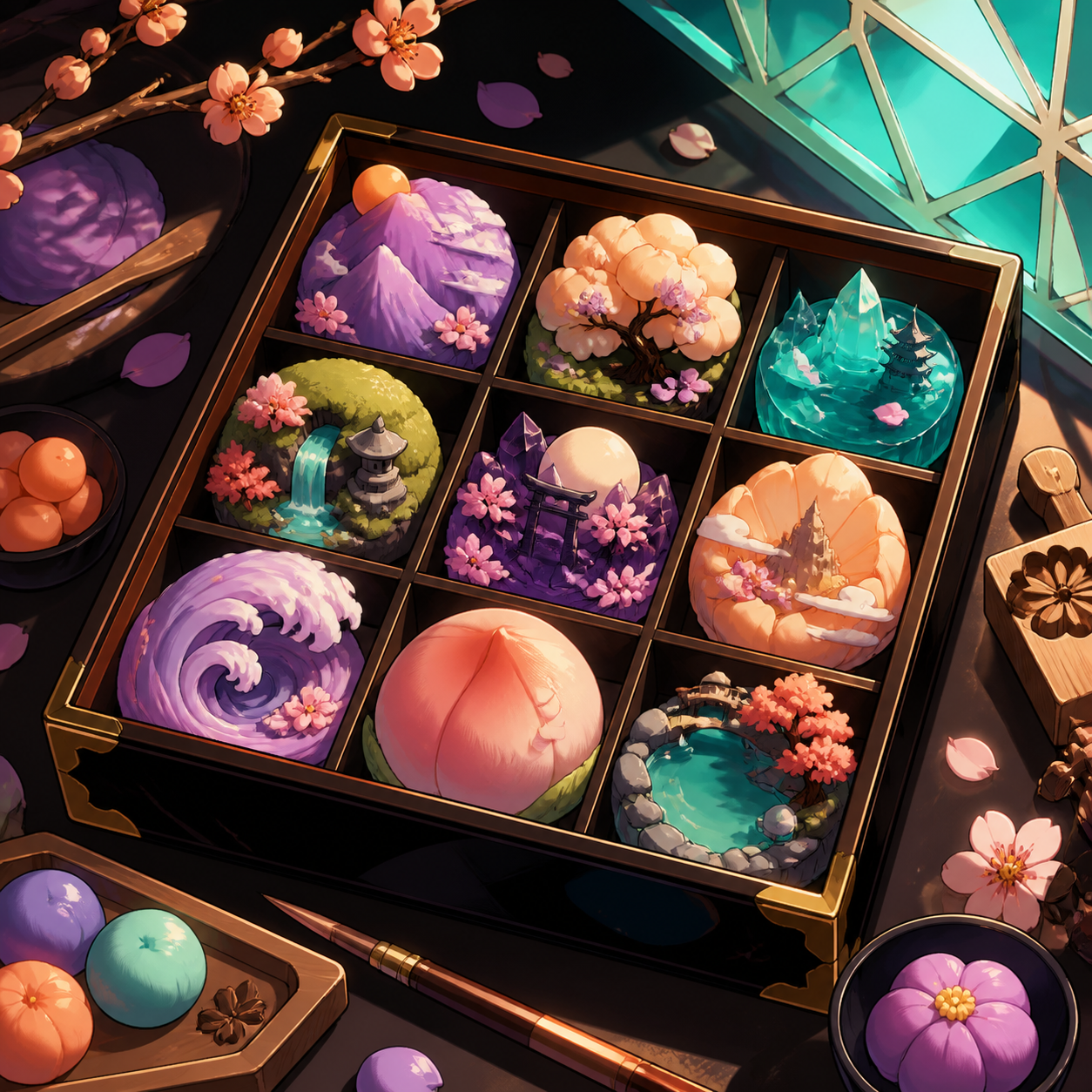 A jewel-like box of seasonal wagashi shaped as miniature fantasy landscapes, surrounded by tiny evidence of the craft used to make it. Intimate close-up with shallow depth and layered foreground details. Apricot, orchid 