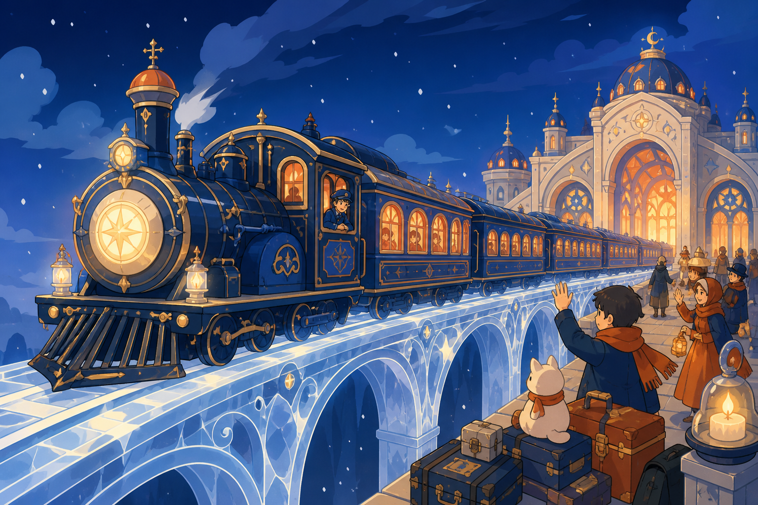 An ornate night train crossing a bridge made from frozen moonlight, arriving at an extraordinary terminal during difficult weather. Grand three-quarter vehicle view embedded naturally in its route. Cobalt, persimmon oran