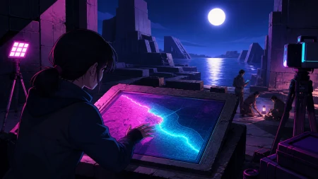 A linguist activating an ancient map that depicts tomorrow's coastline, during patient fieldwork rather than treasure-hunting spectacle. Over-the-shoulder reveal framed by excavati