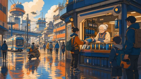 A grandmother running the busiest battery-exchange kiosk in the district, after rain creates broad colored reflections across the pavement. Wide intersection view balancing crowds,