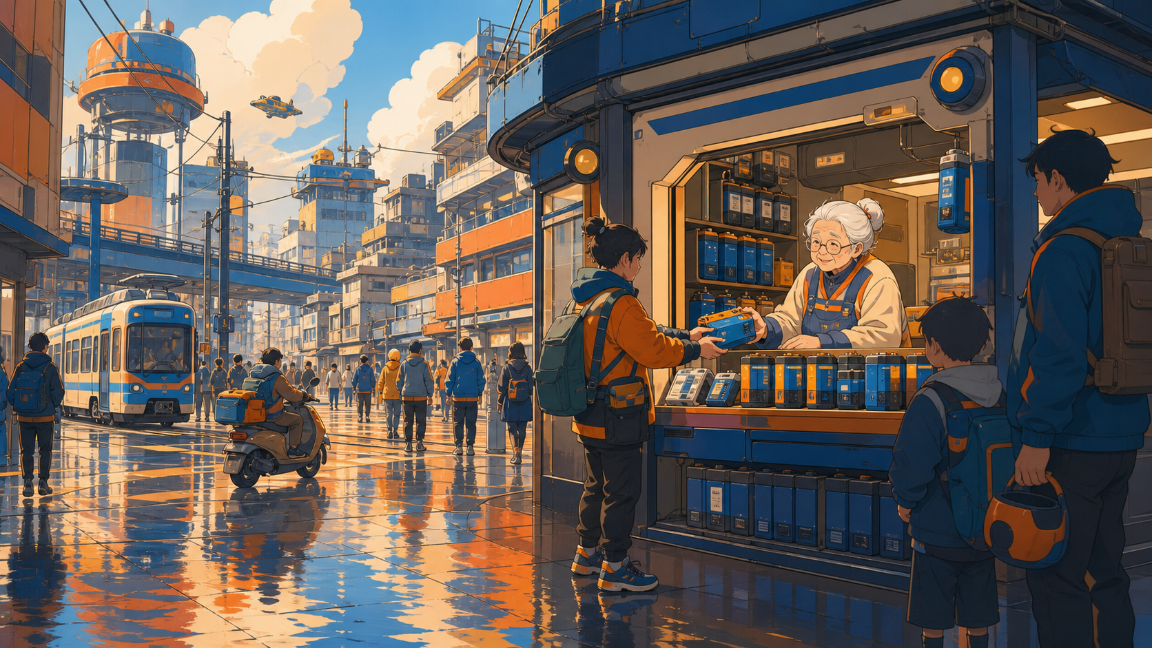 A grandmother running the busiest battery-exchange kiosk in the district, after rain creates broad colored reflections across the pavement. Wide intersection view balancing crowds, transit, and vertical architecture. Cob