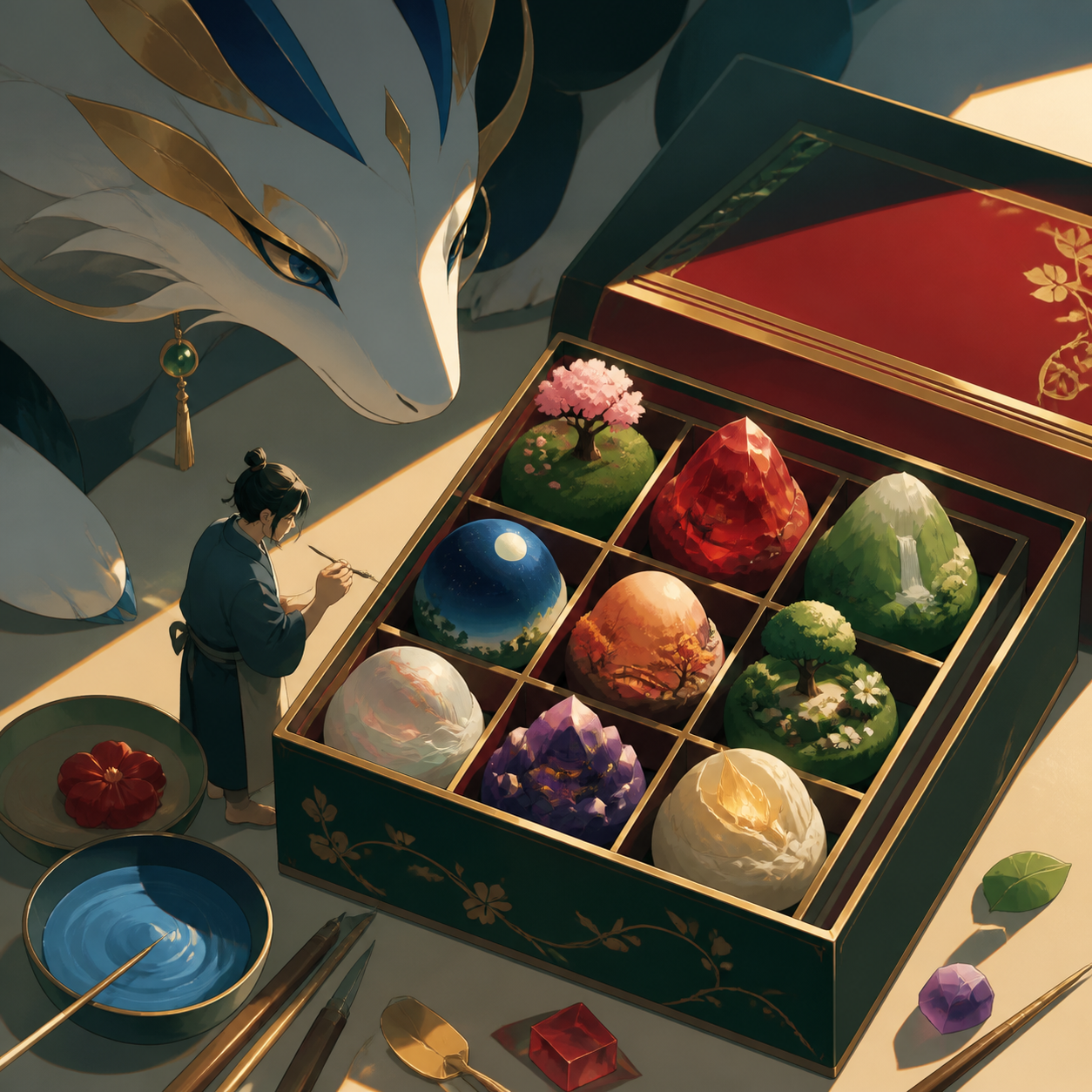 A jewel-like box of seasonal wagashi shaped as miniature fantasy landscapes, surrounded by tiny evidence of the craft used to make it. Intimate close-up with shallow depth and layered foreground details. Emerald, stained
