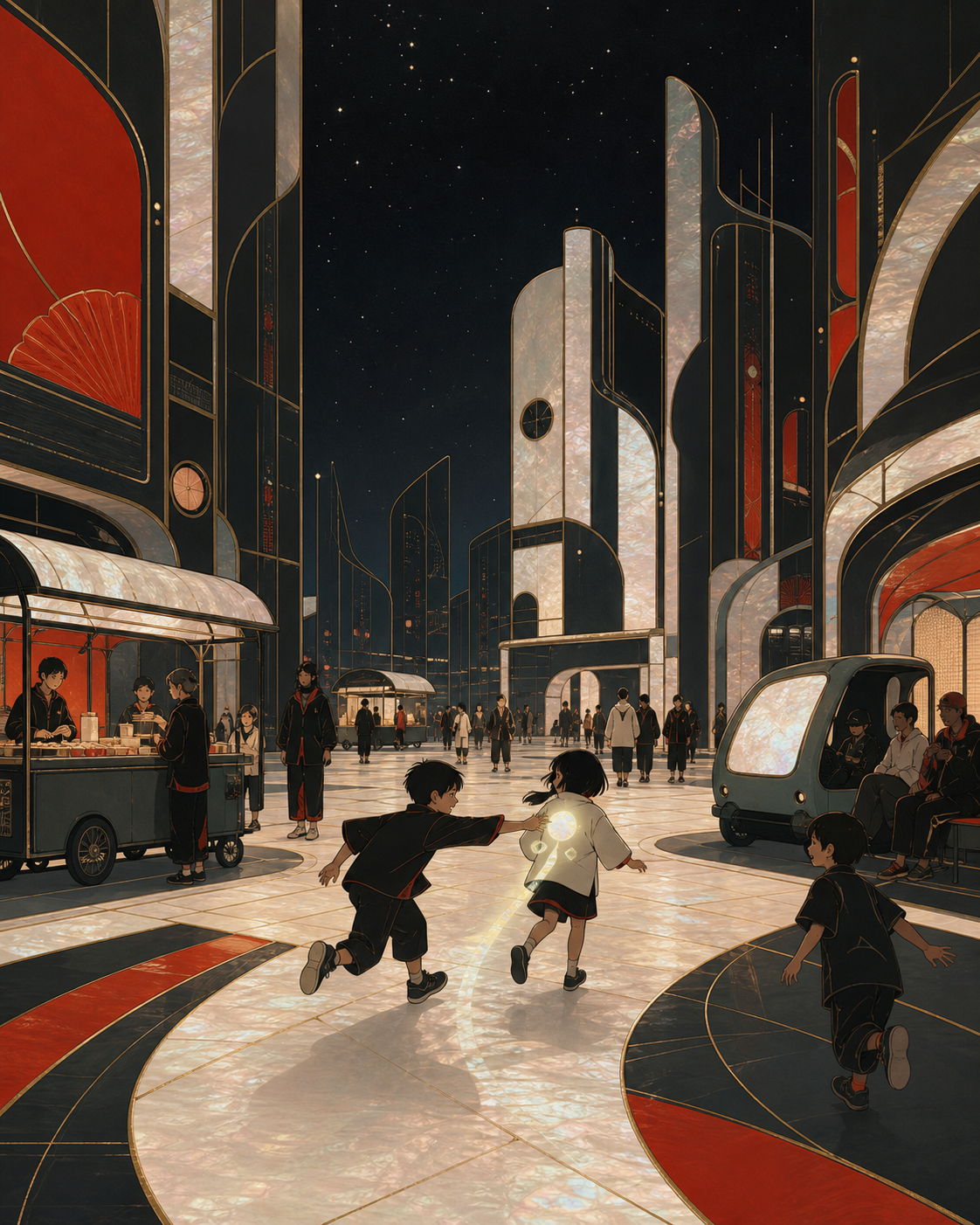 Children playing projection-tag in a safe pedestrian courtyard, during a crowded evening where one quiet interaction becomes the focus. Wide intersection view balancing crowds, transit, and vertical architecture. Vermill