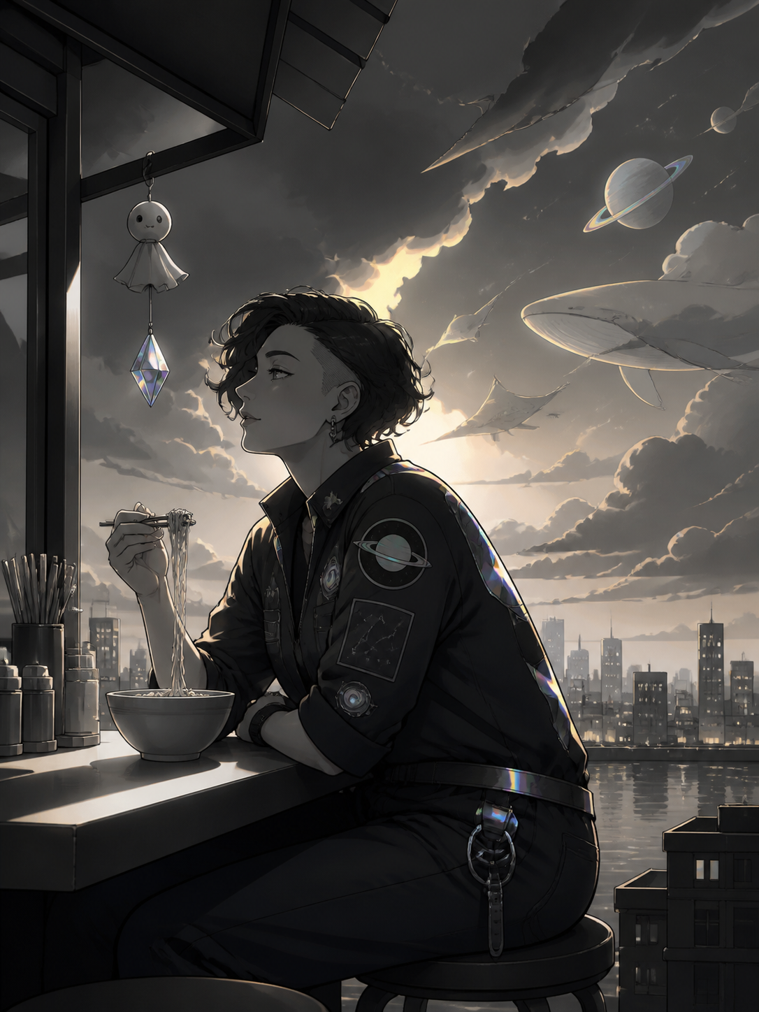 An adult nonbinary astronomer with a patched observatory uniform, waiting at the last open noodle stand before a supernatural storm. Cinematic medium-wide frame with the environment carrying half the story. Monochrome gr