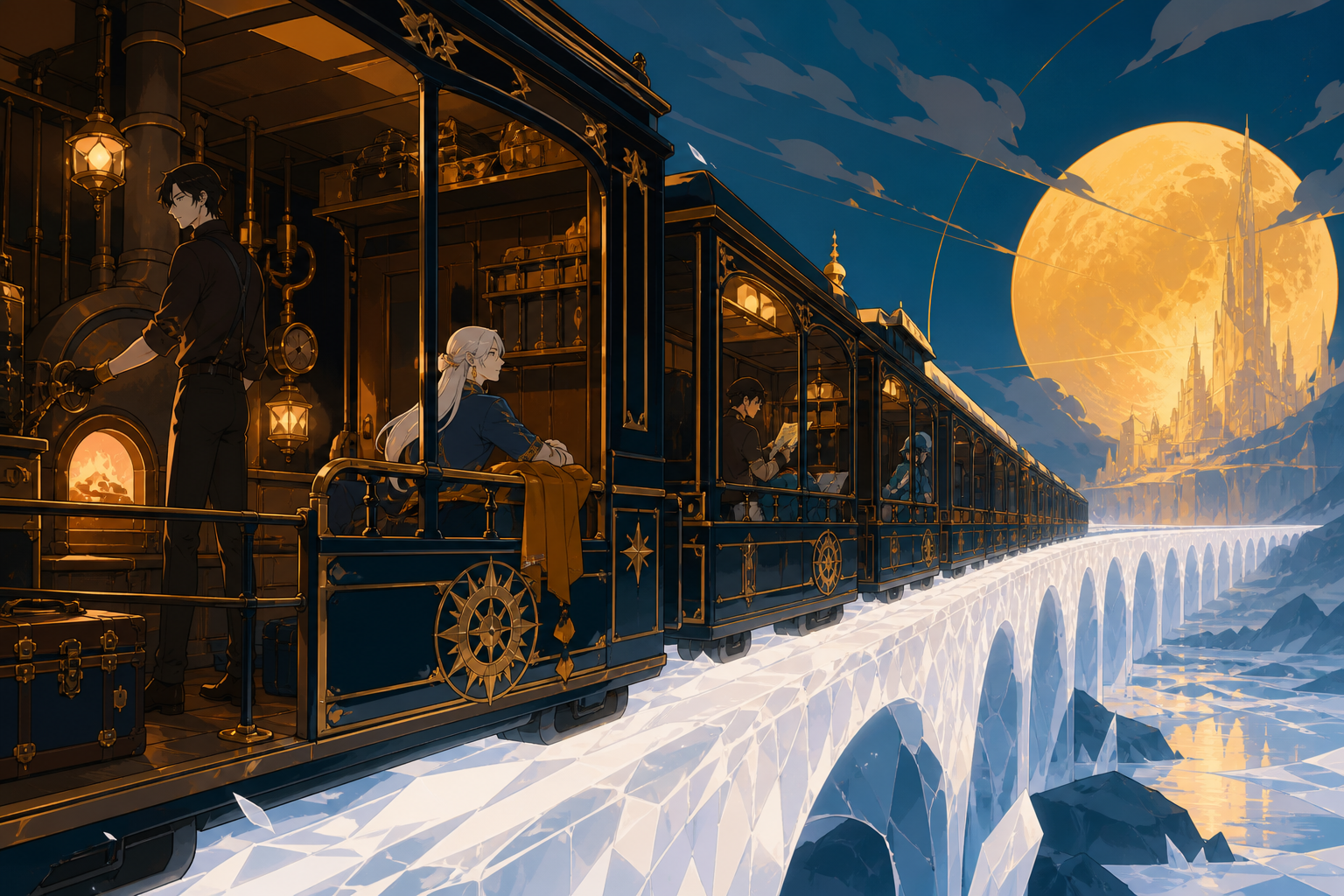 An ornate night train crossing a bridge made from frozen moonlight, mid-journey with passengers revealing how the vehicle is actually lived in. Wide travel-poster composition without typography, emphasizing destination a