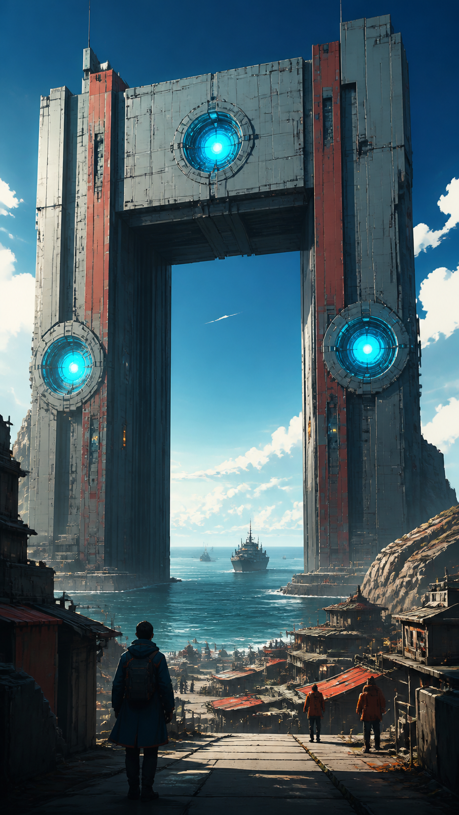 An ocean horizon interrupted by a doorway large enough for ships, shown through ordinary life continuing around the impossible landmark. Ground-level traveler view making the landmark fill most of the distance. Petrol bl