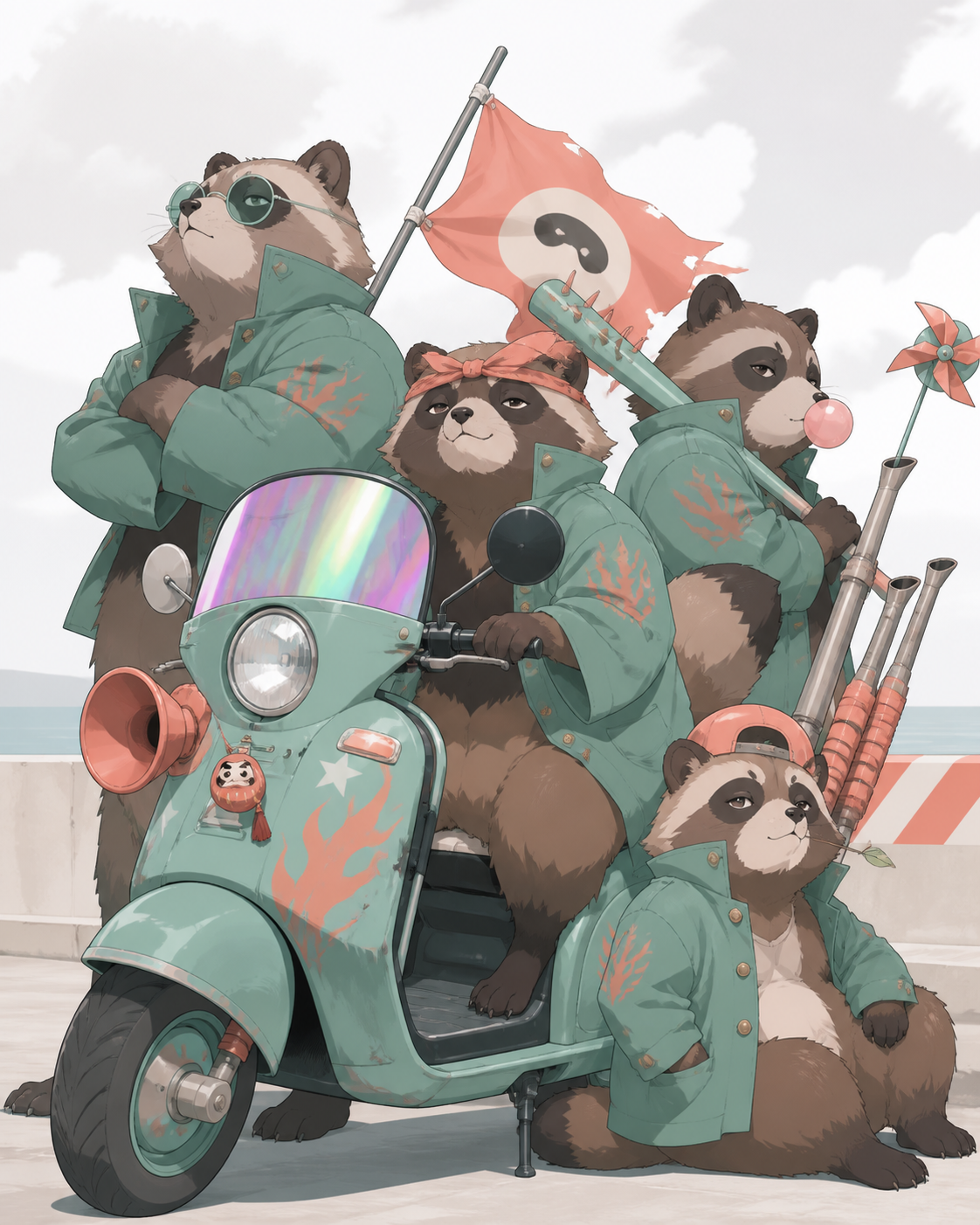 Four delinquent tanuki posing beside a comically customized scooter, working together with tremendous confidence and very little competence. Ensemble comedy tableau with several connected visual jokes. Sea-glass green, f