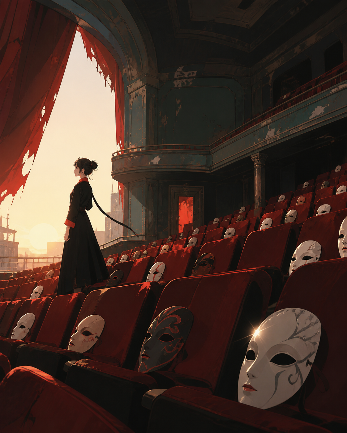 An abandoned theater where every empty seat holds a different porcelain mask, quiet and beautiful enough to invite curiosity despite the unease. Suspenseful deep-perspective composition with the threat implied rather tha