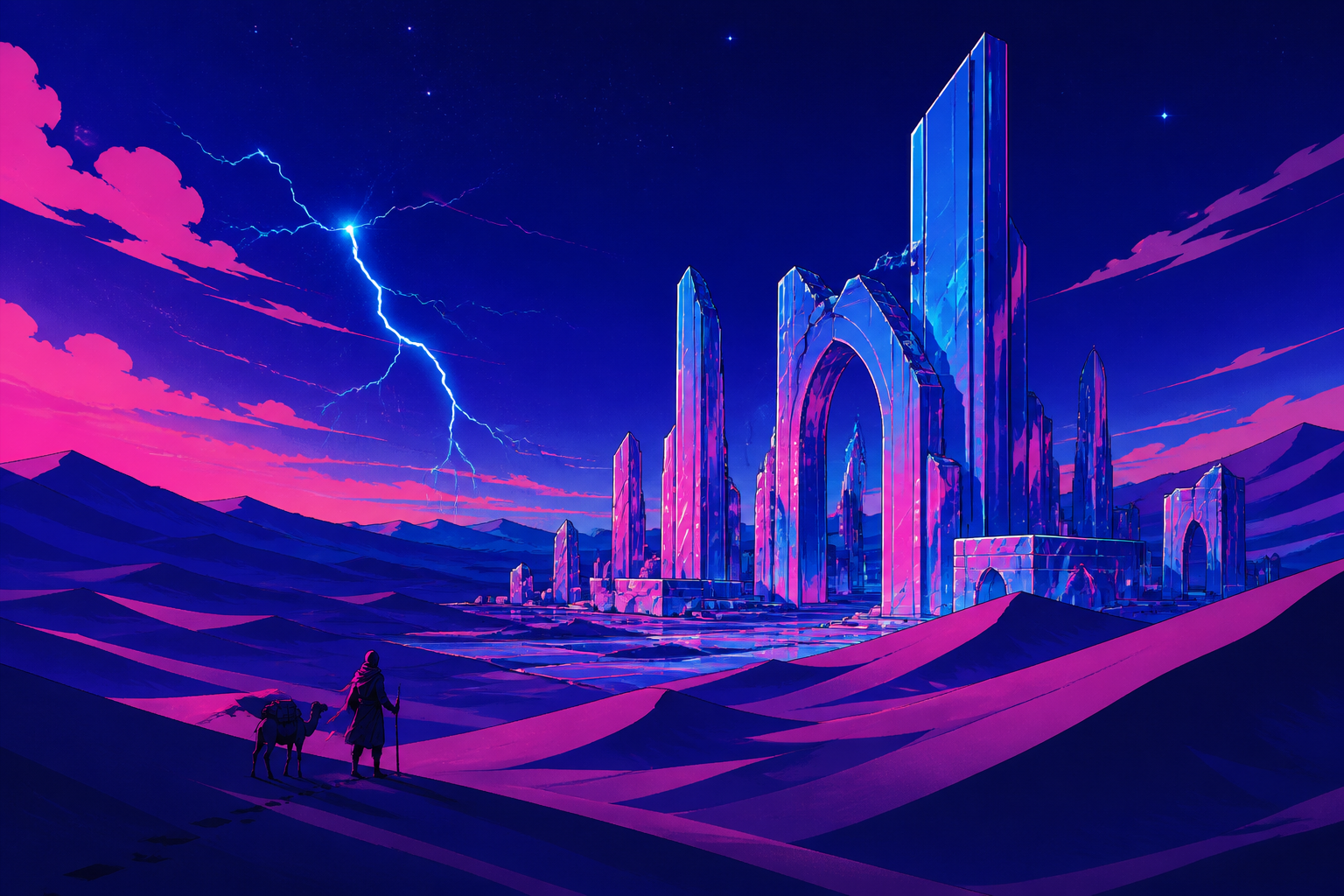 A glass ruin emerging from dunes after a rare electric storm, seen in the blue hour when heat gives way to starlight. Extreme wide landscape with a small but readable journey crossing it. Saturated magenta, electric cyan