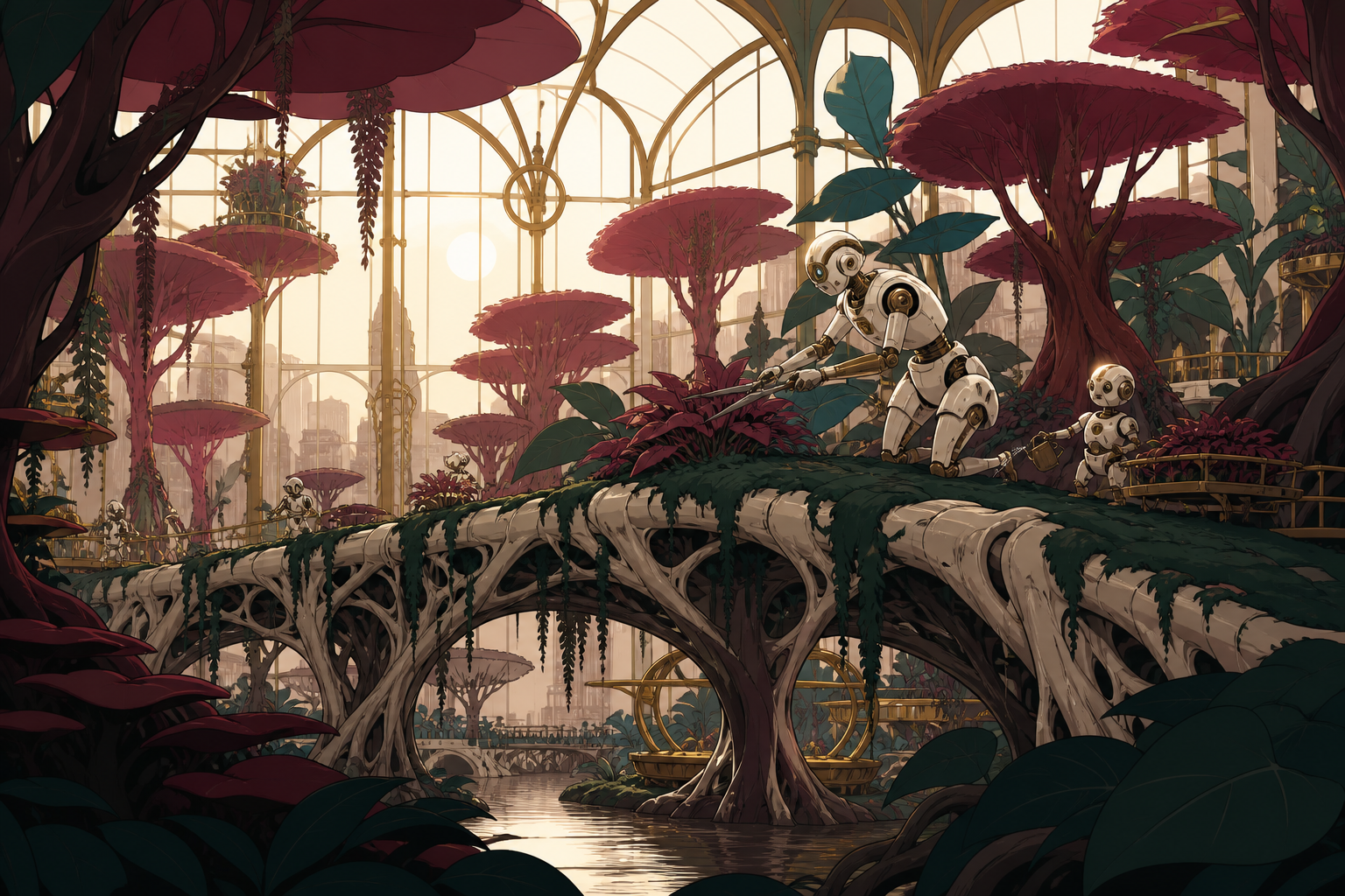 A city bridge grown from living roots and maintained by gardener robots, during a routine caretaking task that reveals the scale of the ecosystem. Architectural greenhouse vista structured by repeating organic forms. Bur