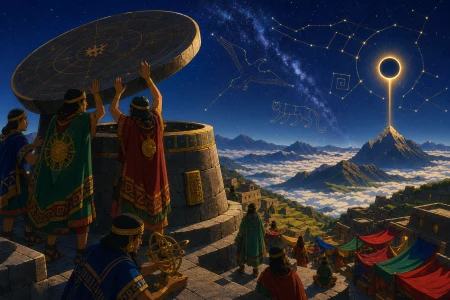 Astronomers opening a stone observatory above a sea of low haze, when the landscape itself becomes part of a mythic warning. Terraced panorama with activity unfolding at several re
