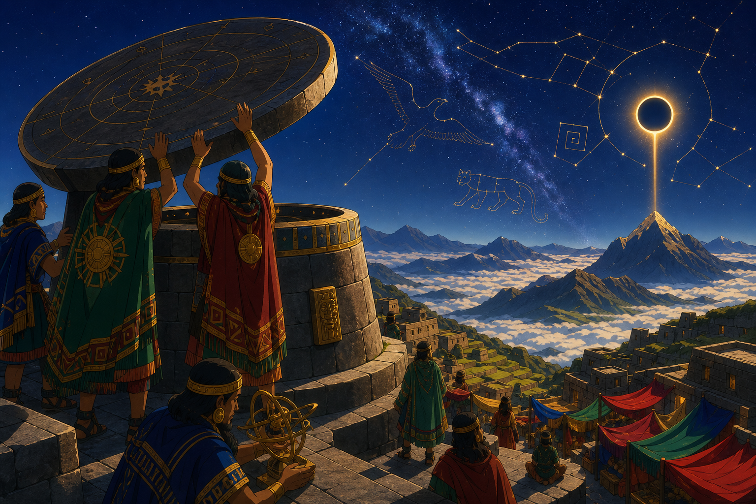 Astronomers opening a stone observatory above a sea of low haze, when the landscape itself becomes part of a mythic warning. Terraced panorama with activity unfolding at several readable heights. Emerald, stained-glass r