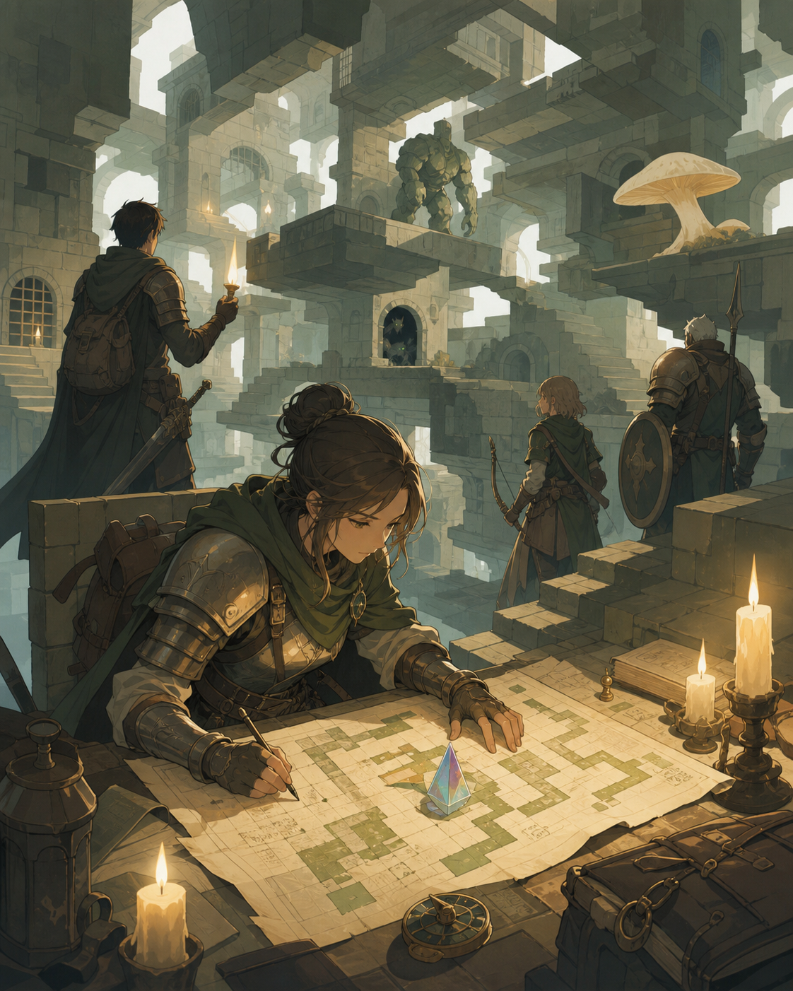 An armored cartographer mapping a dungeon that rearranges itself behind her, between major dangers during a practical human-scale task. Wide party tableau that makes the environment feel explorable. Moss green, slate gra