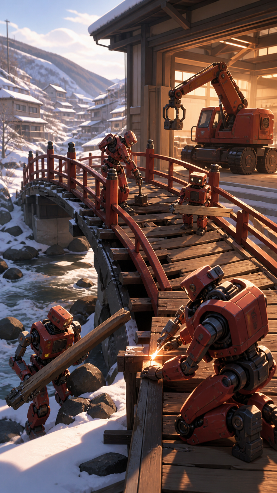 A team of service robots rebuilding a neighborhood footbridge after a storm, focused on competence, cooperation, and the first sign of relief. Human-scale teamwork frame surrounded by the larger affected environment. Cri