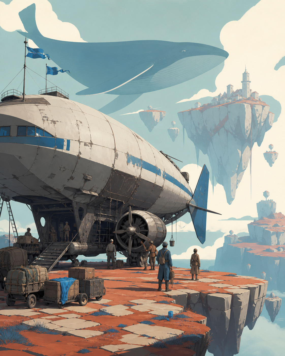 A colossal sky whale carrying a miniature shrine garden on its back, resting beside traces of an ancient civilization at dawn. Majestic full-body creature composition with environmental scale cues. Cobalt, persimmon oran