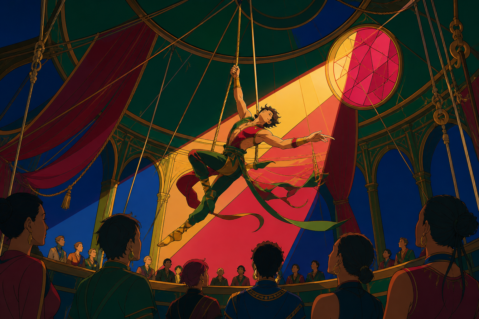 An acrobat performing above a quiet audience in a circular desert pavilion, as a simple movement transforms the space around the performers. Close audience-level frame with one dancer crossing a strong pool of light. Eme